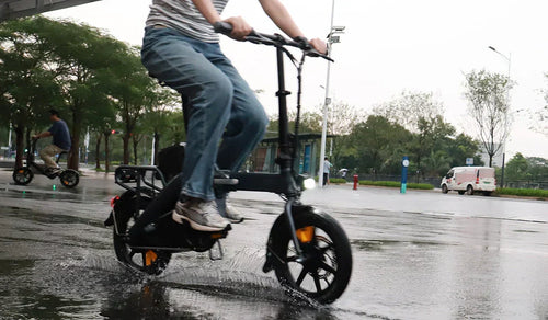 Frau fährt mit einem Fiido D3 Pro Elektrofahrrad über das Wasser