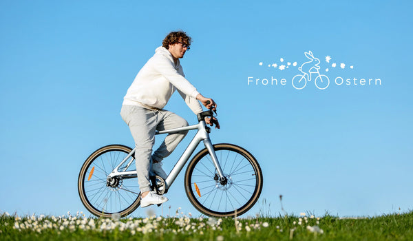 Ein Mann fährt mit einem Fiido Air Elektrofahrrad über den Rasen