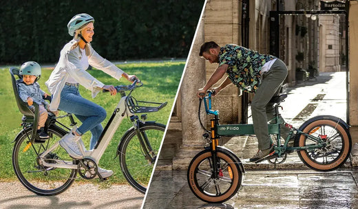 Eine Frau fährt mit einem Kind auf einem Fiido C11 Elektrofahrrad.