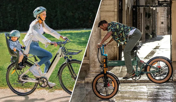 Eine Frau fährt mit einem Kind auf einem Fiido C11 Elektrofahrrad.