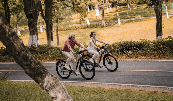 Zwei Fahrer auf Fiido Nomads Pro Touring-E-Bikes auf einer Stadtstraße