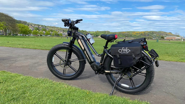 Fiido Titan E-Bike und Camel Bag am Straßenrand geparkt
