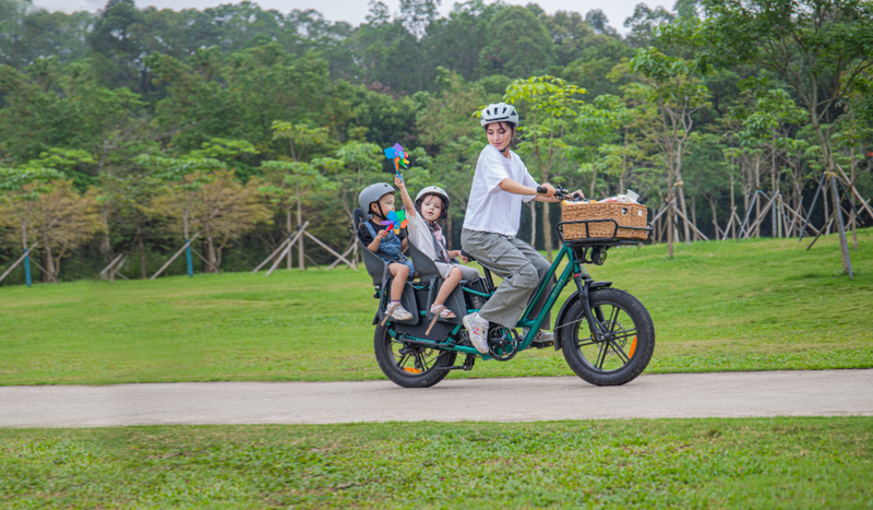 Eine Mutter trägt ihr Kind auf einem Fiido T2 Longtail Cargo E-Bike für einen Frühlingsausflug.