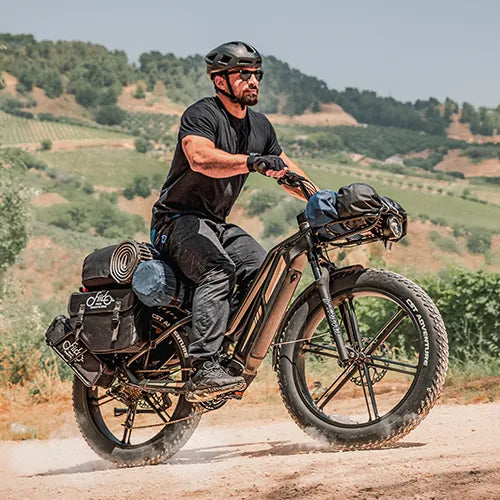 Mann fährt ein Fiido Touren-E-Bike bergauf